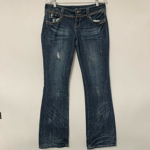 Almost Famous Women Jeans 9 Blue Rise 7.5 Boot Cut Zip‎ Up Distressed Mid Wash - Picture 1 of 11